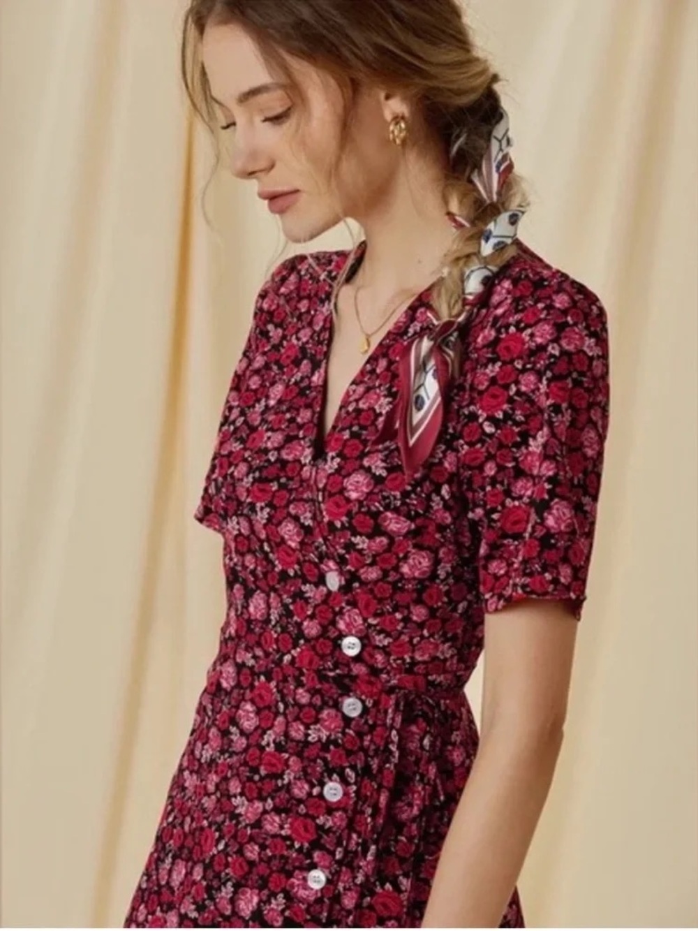 Rouje Gabin Dress Rosier Rouge Midi Wrap Green Size FR 38 US 6 Small Pink Floral - Picture 11 of 17